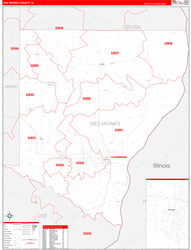 Des Moines County, IA Wall Map Zip Code Red Line Style 2024
